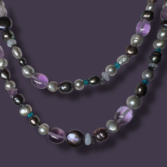 Honora 40 in Pearl & Amethyst Gemstone Necklace and Bracelets, Black, Silver - Picture 7 of 13